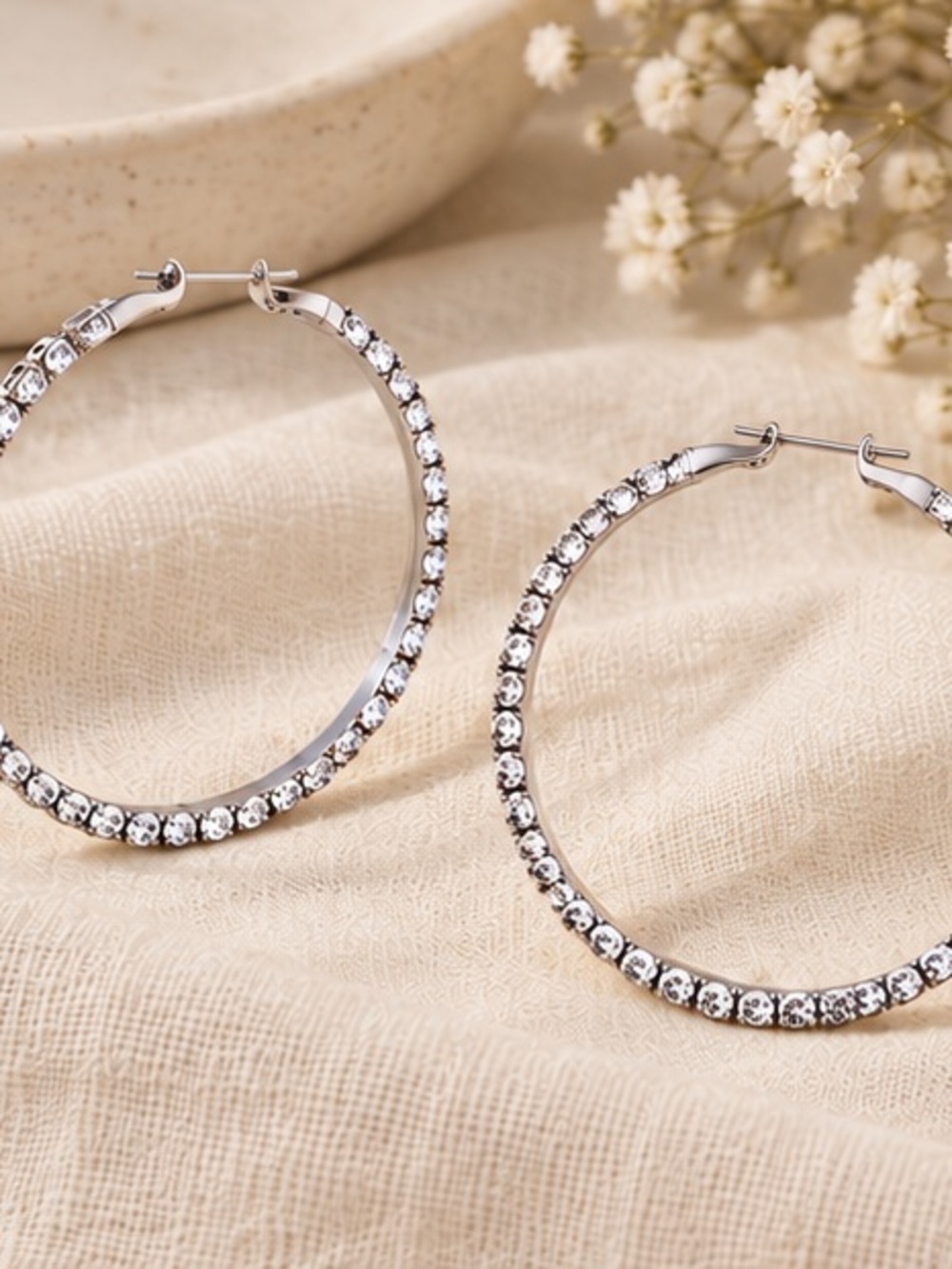 Silver Rhinestone Large Statement Hoop Earrings - Picture 2 of 4
